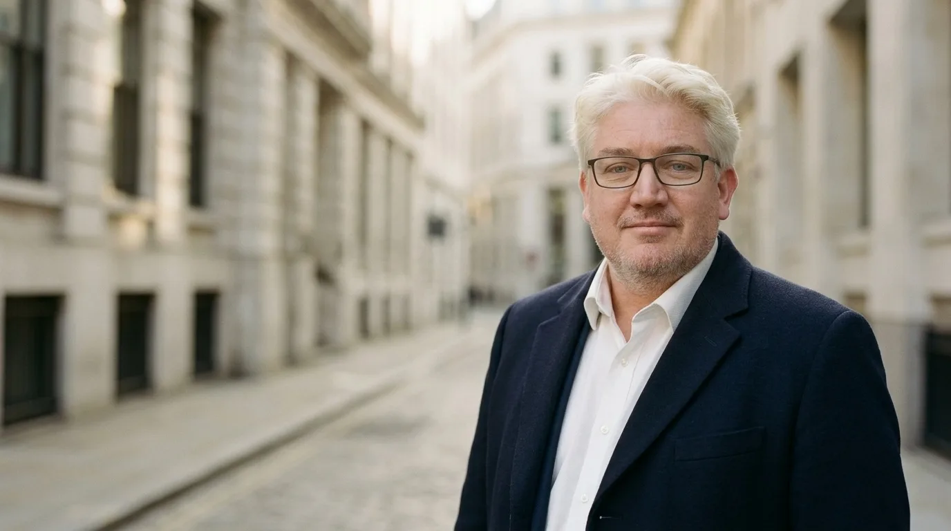 Damian George on a street in the City of London